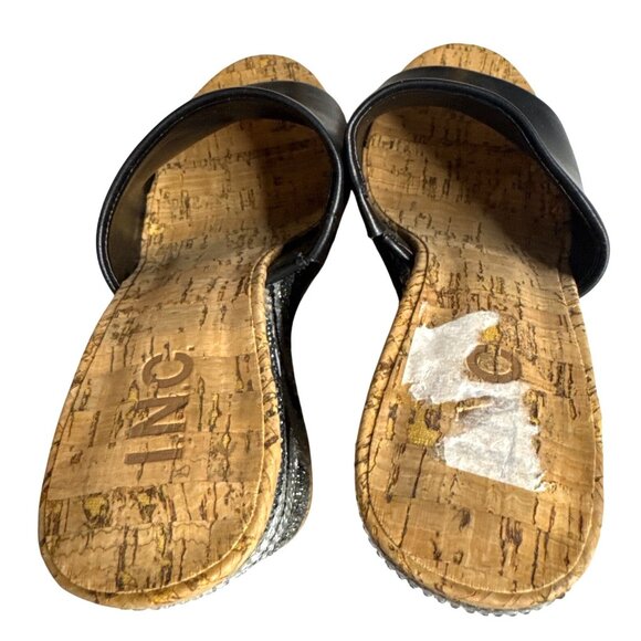 INC Black Leather Cork Wedge Sandals W/Rhinestone Embellished Heel 6.5 - Picture 10 of 10